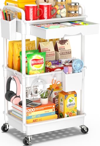 Minimalist SUNALLY 3 Tier Rolling Cart with Drawer, Bathroom