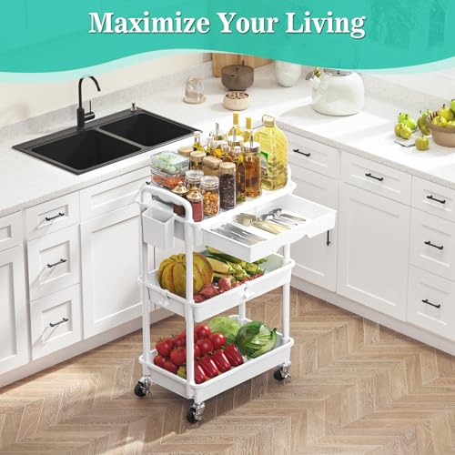 Minimalist SUNALLY 3 Tier Rolling Cart with Drawer, Bathroom